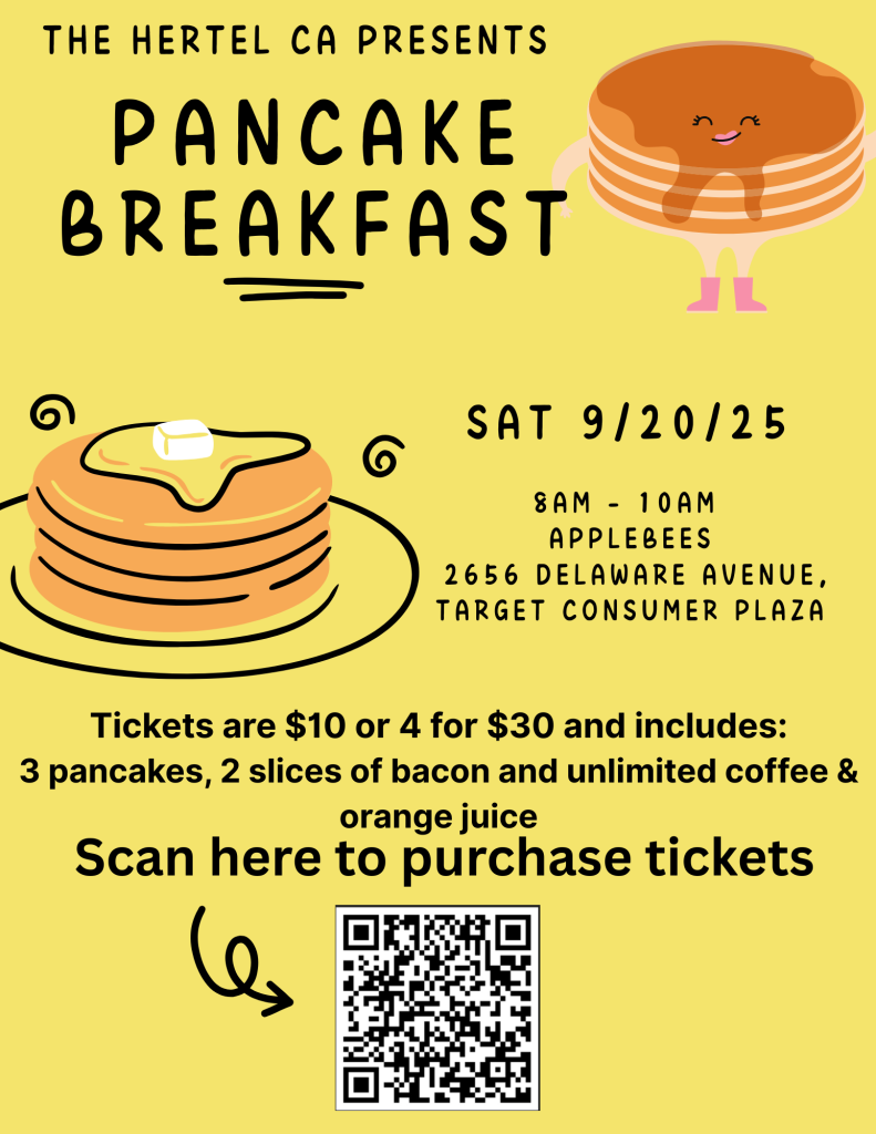 A flyer promoting pancake breakfast fundraiser with drawings of pancakes