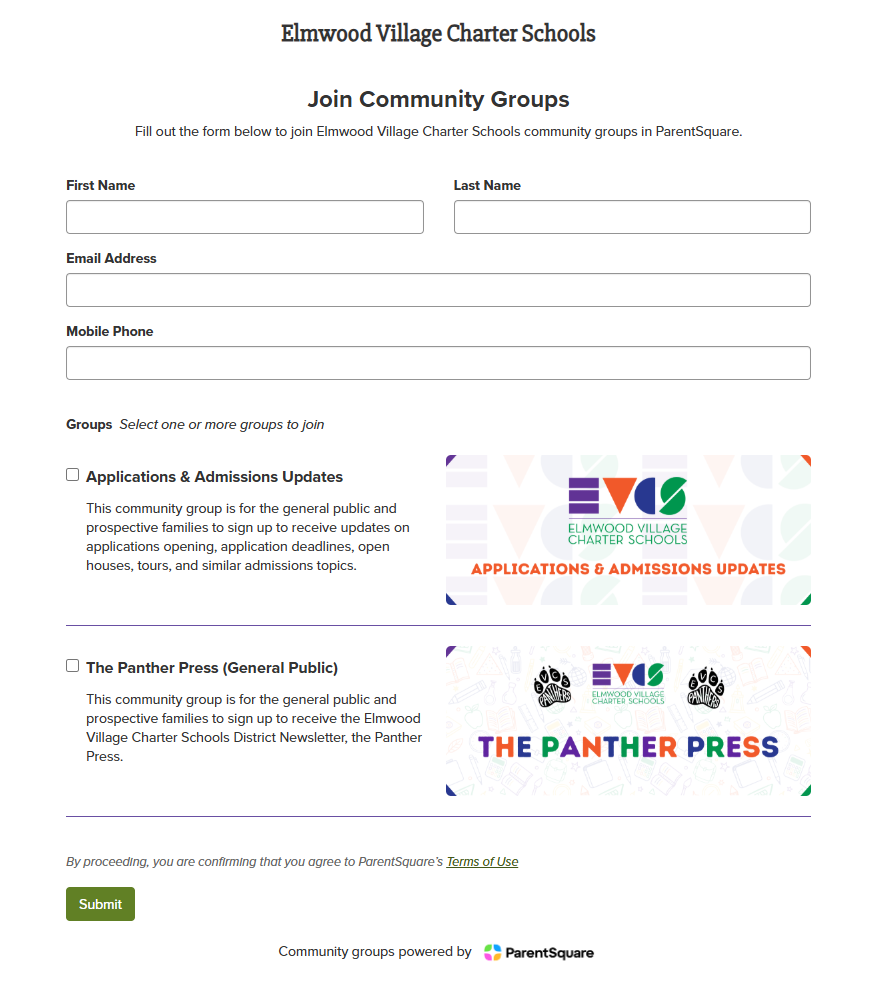 Screenshot of the ParentSquare community groups signup form for Elmwood Village Charter School